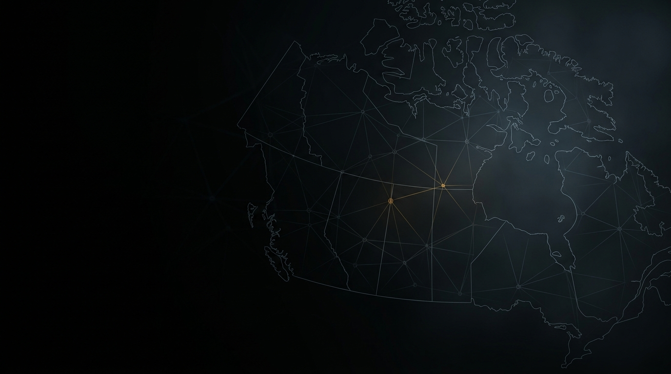 Abstract schematic of Canada rendered as a contained sensor mesh, network nodes held inside the national border, on near-black.