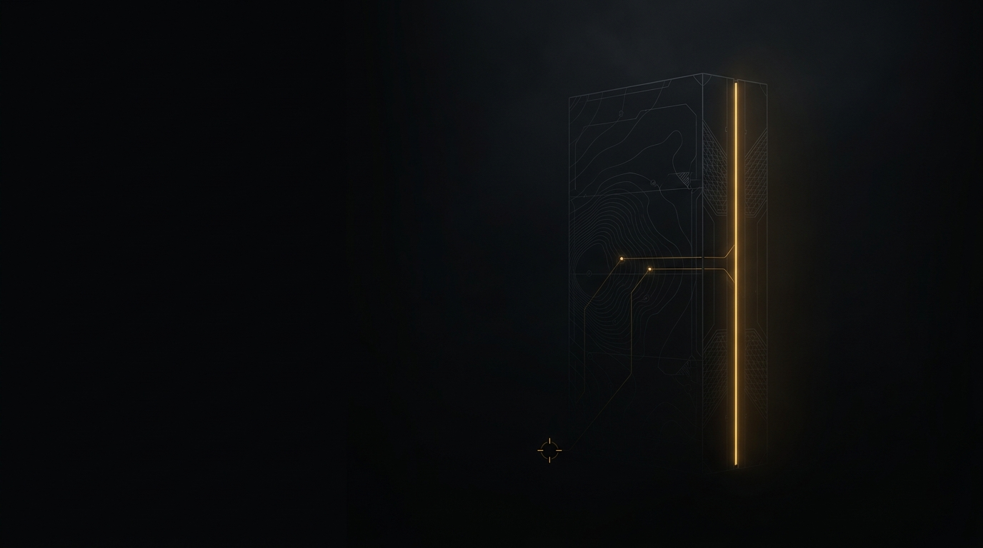 A single edge-compute module rendered as a precise dark monolith with one vertical amber seam of light, floating in near-black.