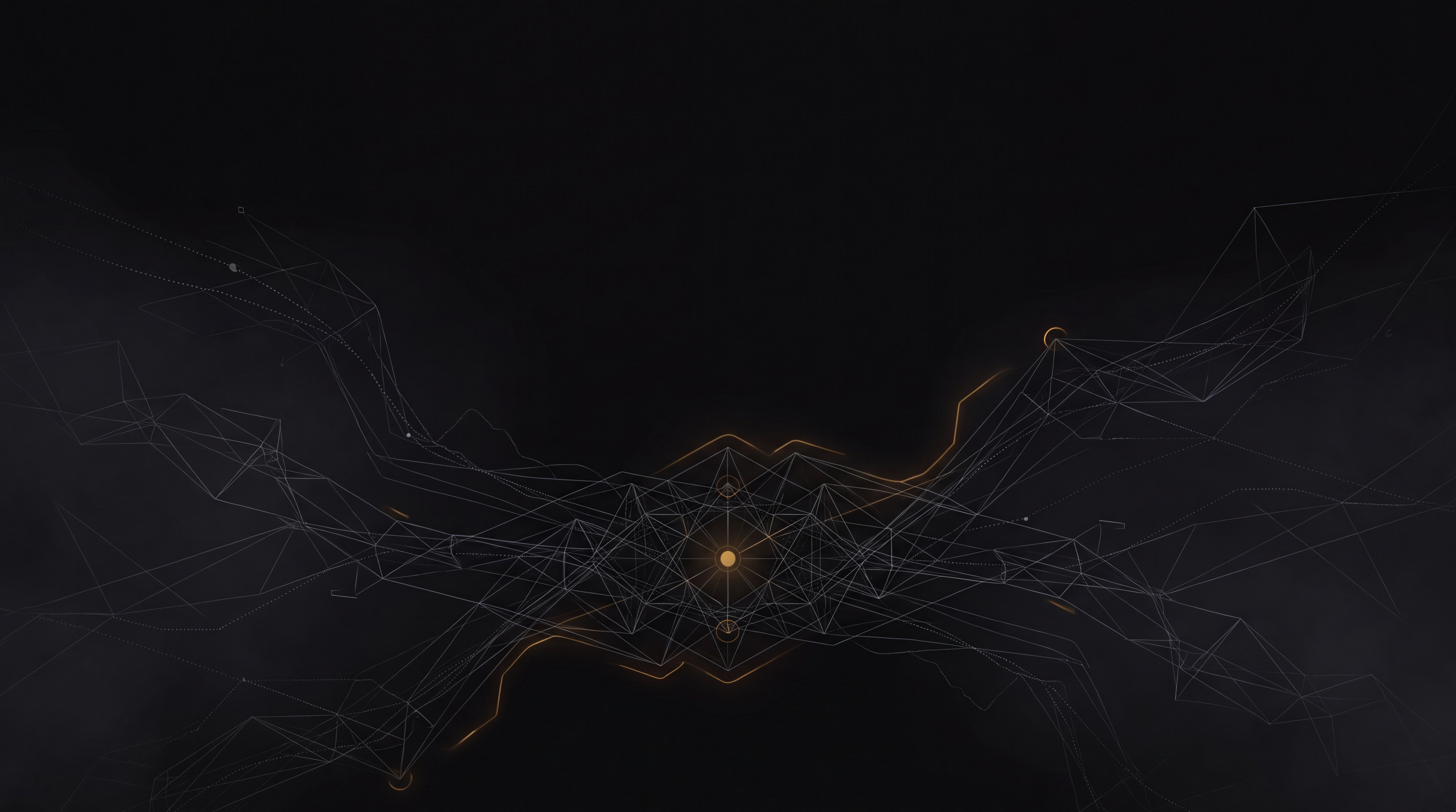 Abstract operational render: disparate input streams converging in depth into a single resolved structure with one amber convergence node, in the AXIOM schematic style.