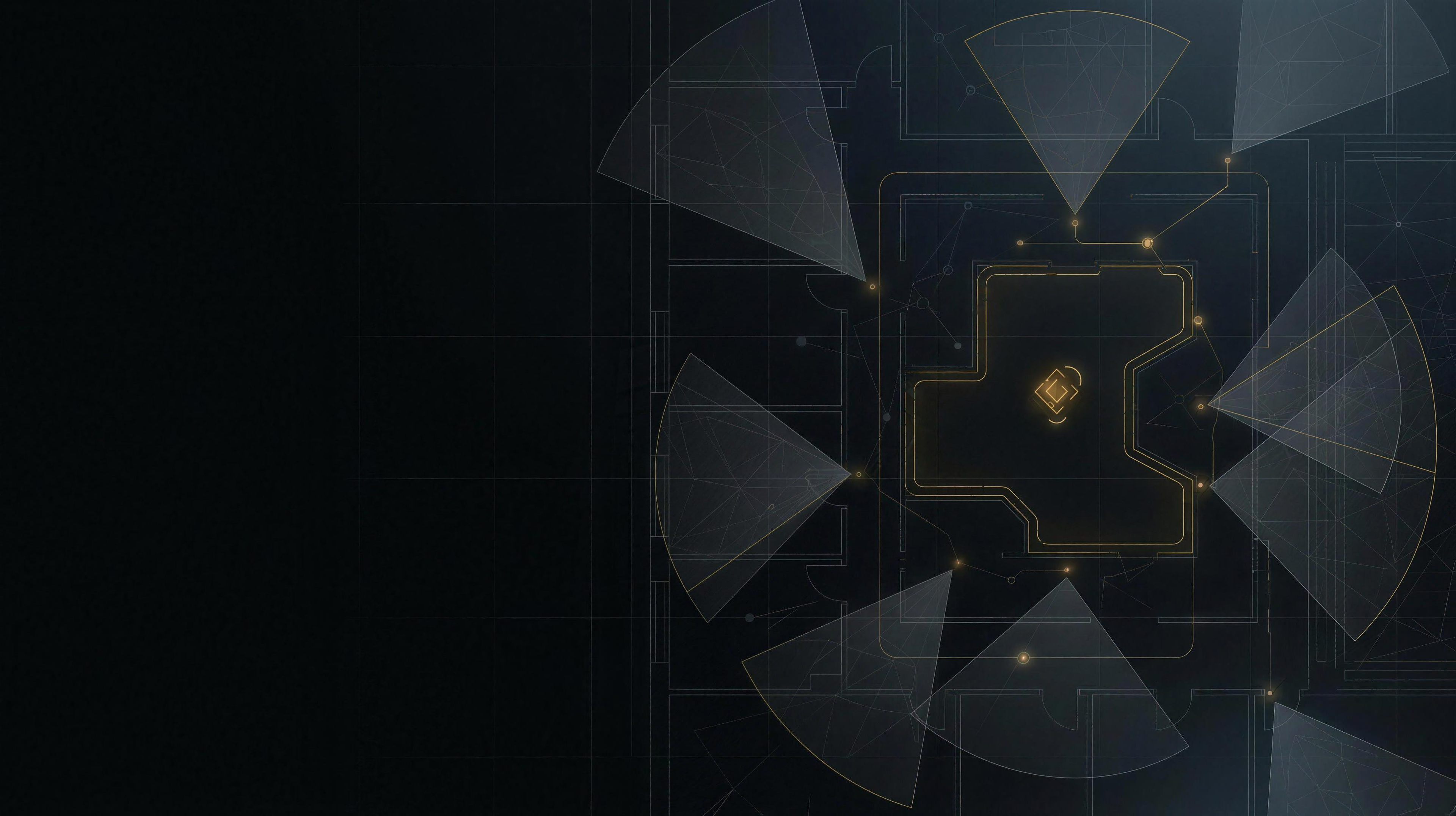 Abstract operational render: secured floor · zone monitor, in the AXIOM schematic style.